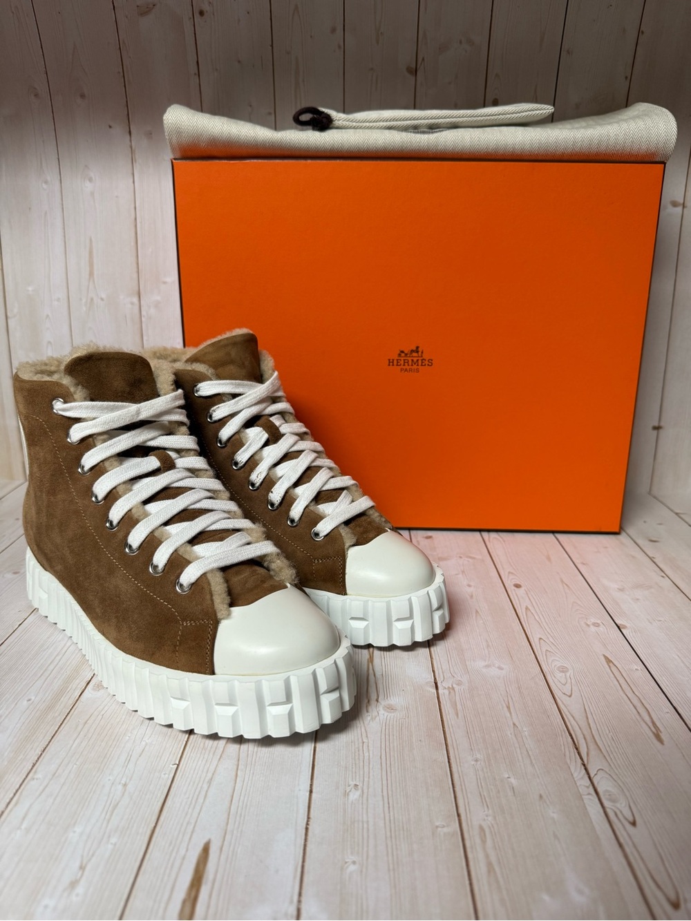 Hermes Climb High-Top Woolskin Sneakers Brown Brun Fume Sz 37.5 / 7.5